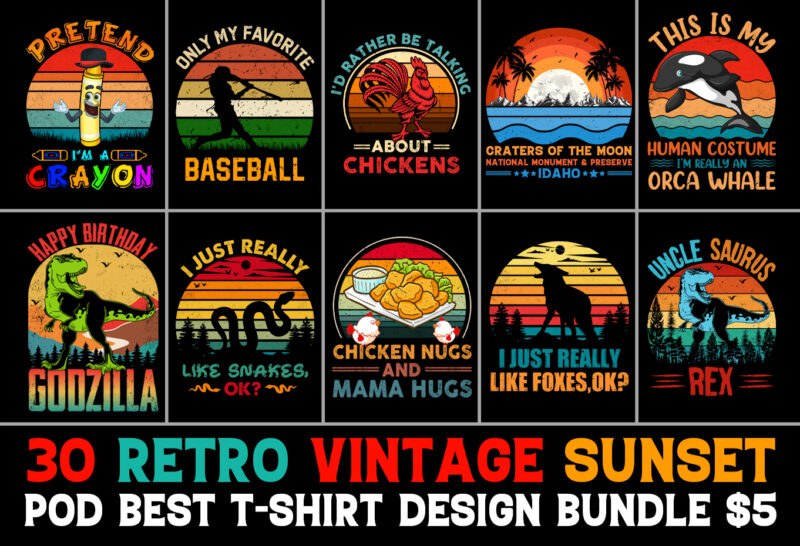 Sunset Retro Vintage T-Shirt Design Bundle
