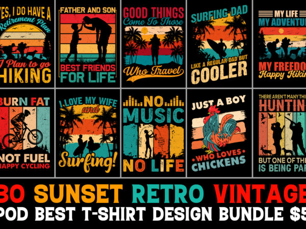 Sunset vintage retro t-shirt design bundle