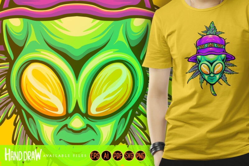 Summer alien head with cannabis weed leaf plant illustrations