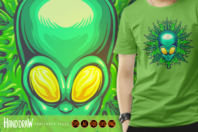 Alien head with weed leaf illustrations