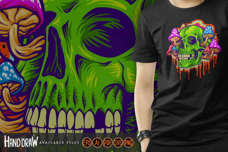 Psychedelic head skull with mushrooms illustrations