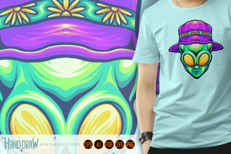 Funky alien head with summer beach hat illustrations