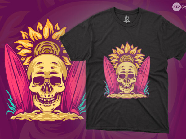 Skull and surf board – illustration t shirt template vector