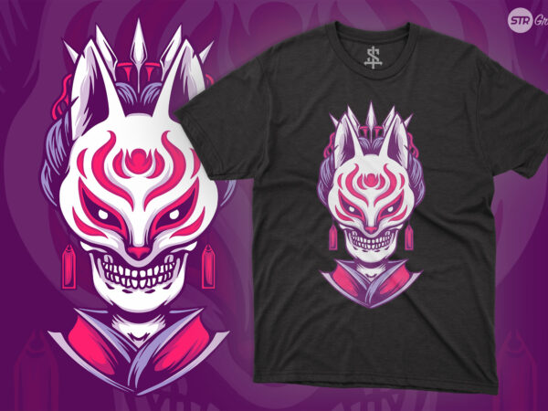 Skull geisha kitsune – illustration t shirt template vector