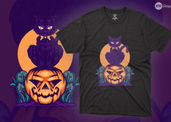 Devil Cat And Pumpkin – Illustration t shirt vector illustration