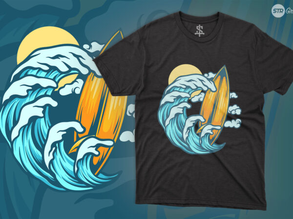Surf and summer waves – illustration t shirt template vector