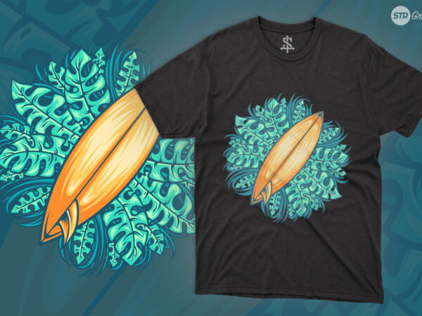 Surf board and aesthetics leaves – illustration t shirt template vector
