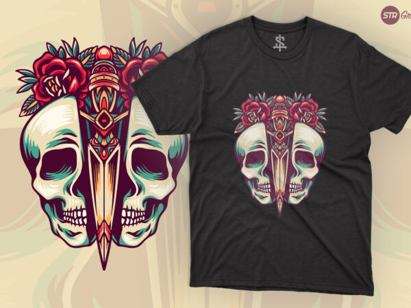 Broken skull and knife – retro illustration t shirt template