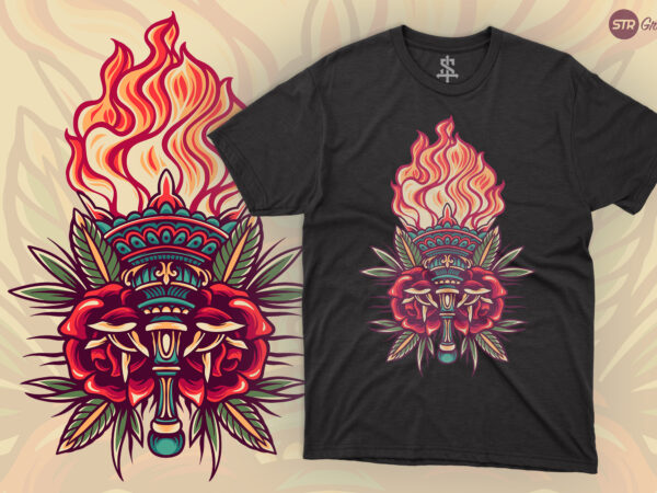 Torch and flowers – retro illustration t shirt designs for sale