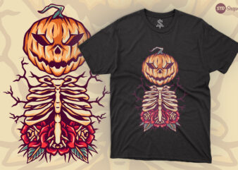 Pumpkin Skull And Roses – Retro Illustration t shirt illustration