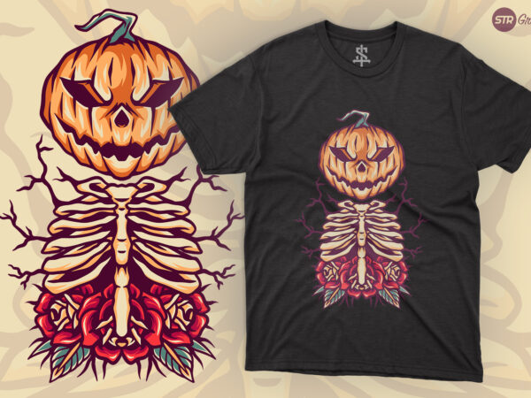 Pumpkin skull and roses – retro illustration t shirt illustration