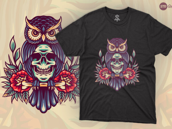 Owl and skull – retro illustration t shirt design online