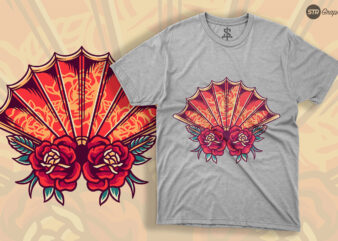 Asia Fan With Rose – Retro Illustration t shirt vector