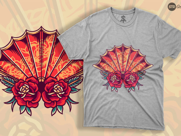 Asia fan with rose – retro illustration t shirt vector