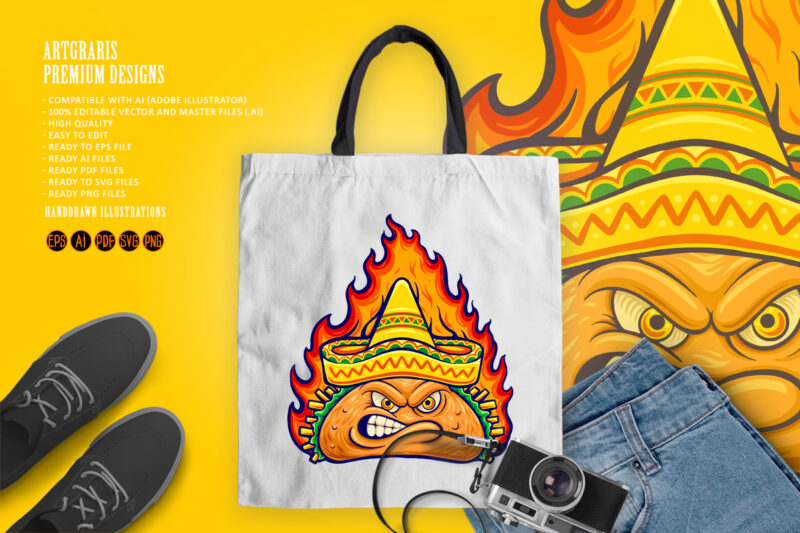 Delicious angry mexican taco with blazing fire illustrations