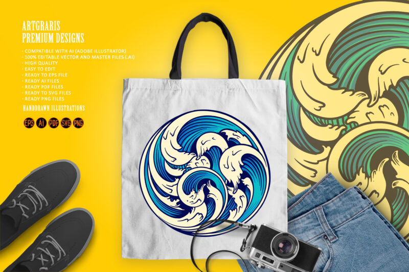 Summer tropical beach wave swirls illustrations