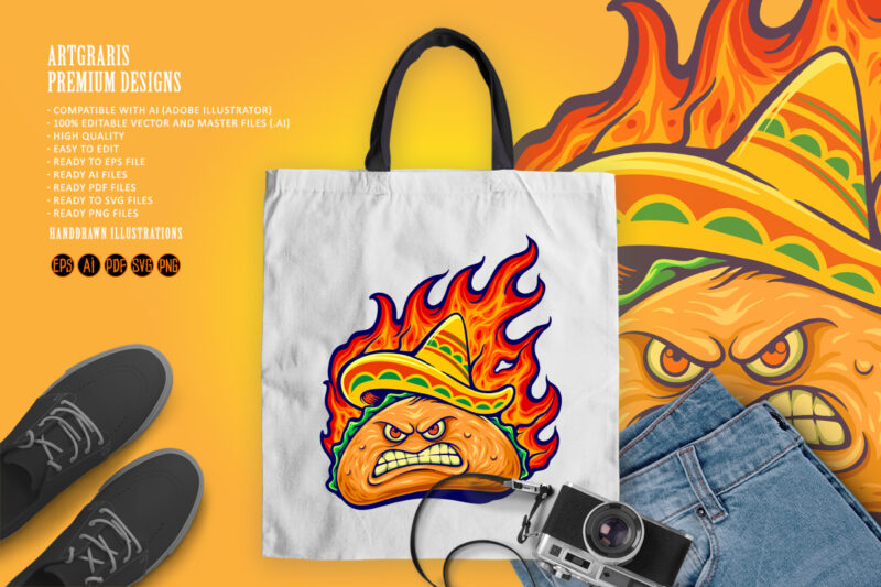 Angry delicious mexican taco with blazing fire illustrations
