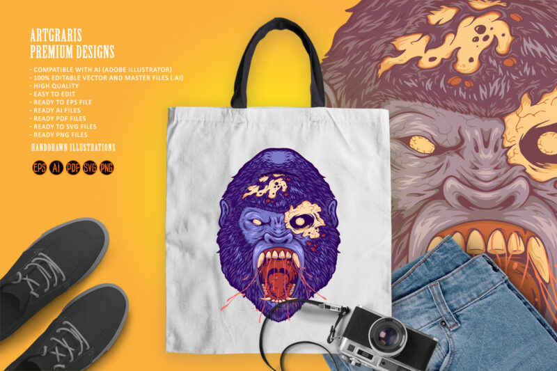 Scary angry zombie gorilla monkey illustrations