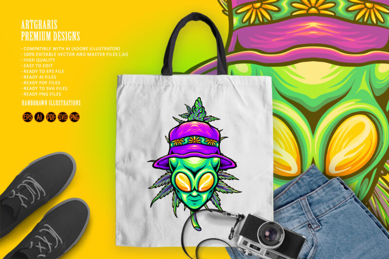 Summer alien head with cannabis weed leaf plant illustrations