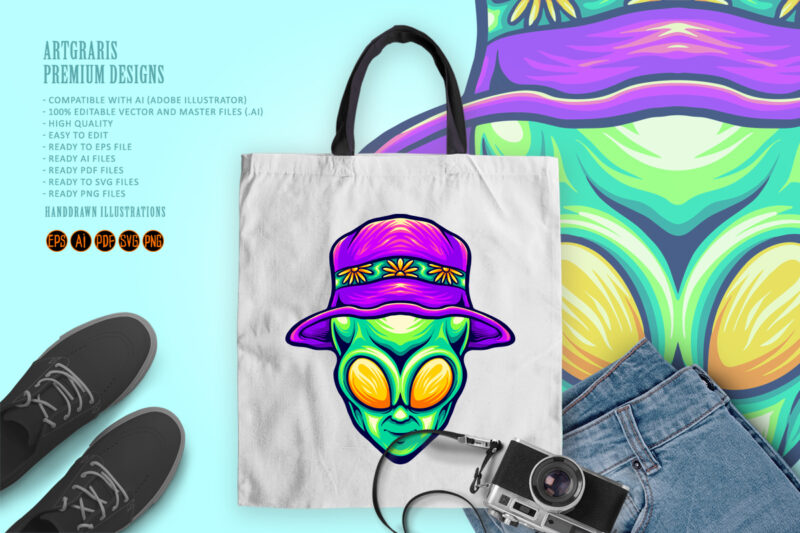 Funky alien head with summer beach hat illustrations