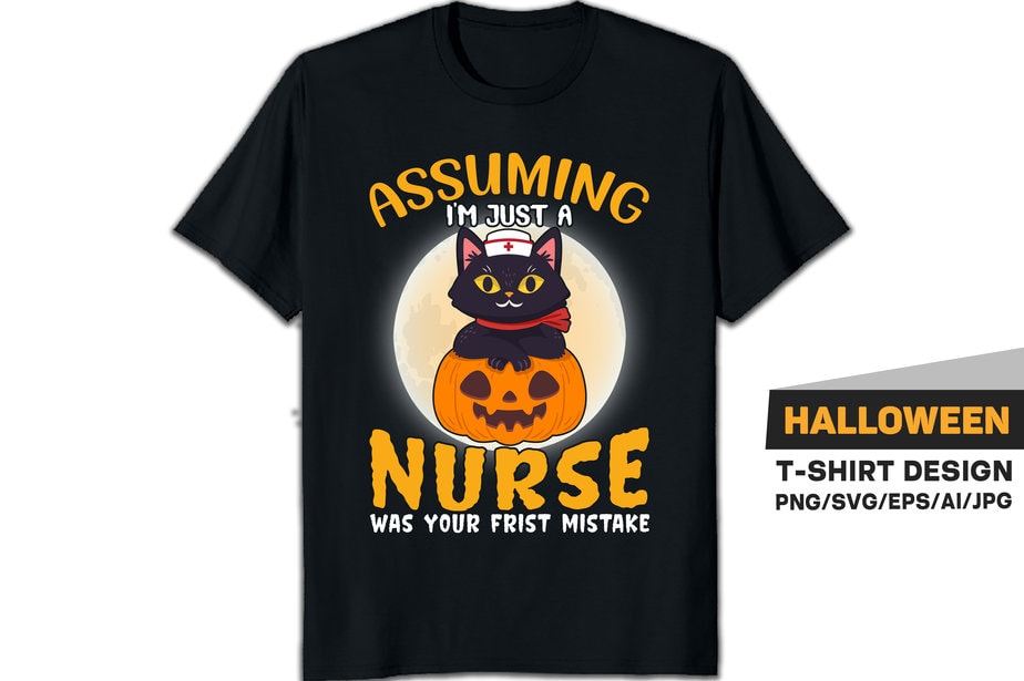 Assuming I’m just a nurse was your first mistake Halloween T-shirt with cat and pumpkin