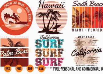 SURFING and Summer BUNDLE surfing beach, outdoor and travel tee shirt pack. california, los angeles, miami, florida, hawaii, surf rider club. svg png