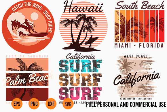 Surfing and summer bundle surfing beach, outdoor and travel tee shirt pack. california, los angeles, miami, florida, hawaii, surf rider club. svg png t shirt template vector