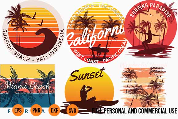 SURFING and Summer BUNDLE surfing beach, outdoor and travel tee shirt pack. california, los angeles, miami, florida, hawaii, surf rider club. svg png