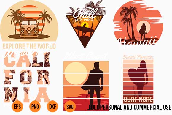 SURFING and Summer BUNDLE surfing beach, outdoor and travel tee shirt pack. california, los angeles, miami, florida, hawaii, surf rider club. svg png