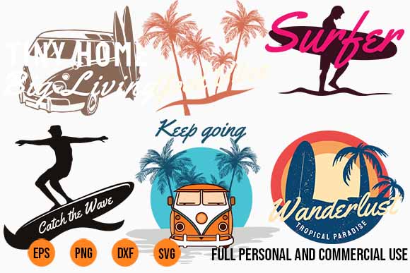 SURFING and Summer BUNDLE surfing beach, outdoor and travel tee shirt pack. california, los angeles, miami, florida, hawaii, surf rider club. svg png
