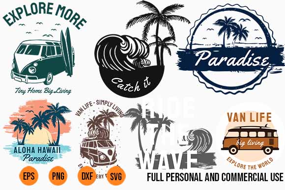 SURFING and Summer BUNDLE surfing beach, outdoor and travel tee shirt pack. california, los angeles, miami, florida, hawaii, surf rider club. svg png