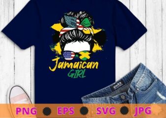 Jamaican Girl messy bun, american flag and jamaican flag, cool sunglass, Jamaica afro girl, Jamaica woman flag flag T-shirt design svg