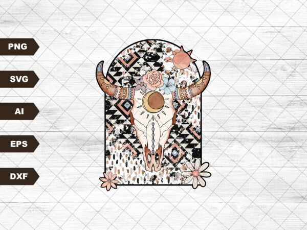 Cow skull svg, western svg, aztec svg, vintage rodeo sublimation, western sublimation, cowboy svg, retro western svg, grunge design