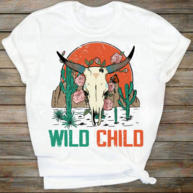 Wild Child boho png, Bull Skull design, Leopard print, Cactus png, Grunge effect, Cowgirl Png, Cow skull