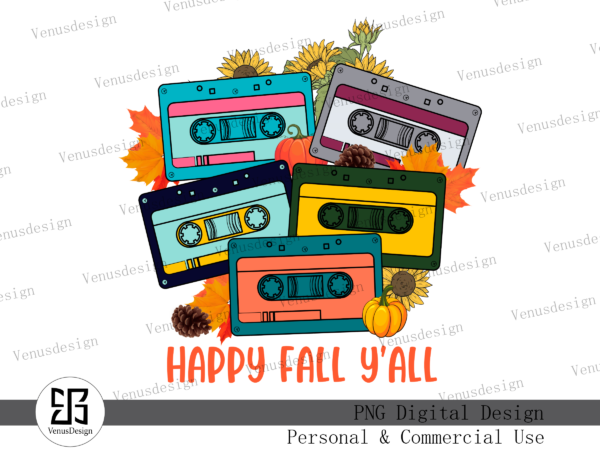 Retro cassette happy fall y’all sublimation tshirt design