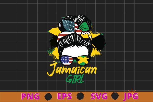 Jamaican Girl messy bun, american flag and jamaican flag, cool sunglass, Jamaica afro girl, Jamaica woman flag flag T-shirt design svg