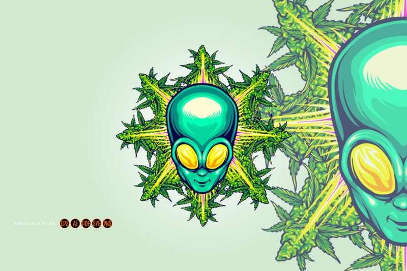 Alien head with cannabis leaf illustrations