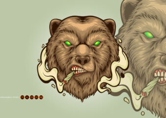 Angry bear head smoking weed illustrations