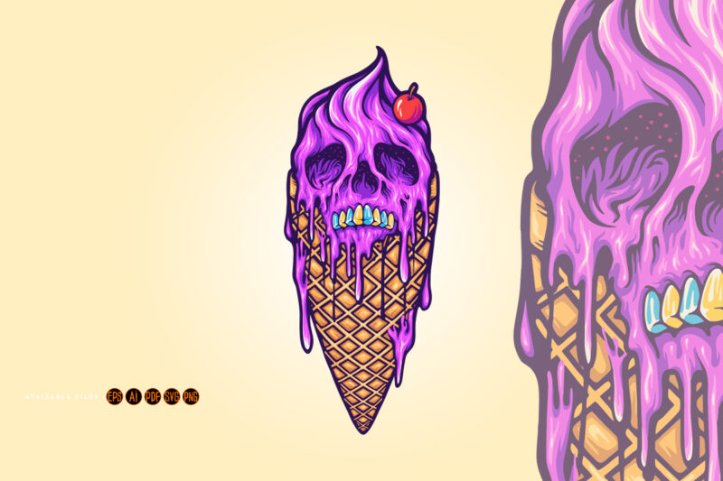 Melting skull ice cream cone Gelato illustrations
