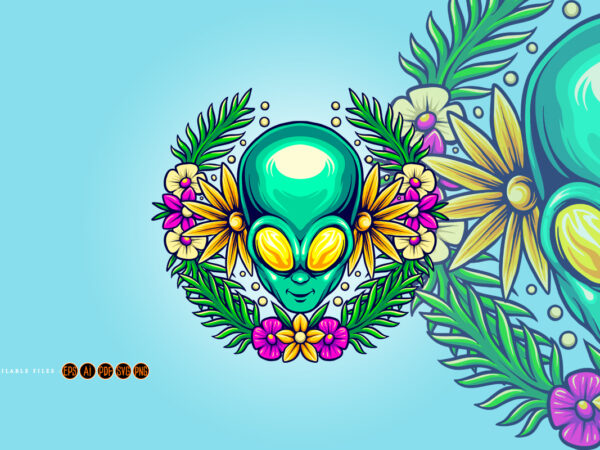 Botanical summer floral alien head illustrations t shirt template