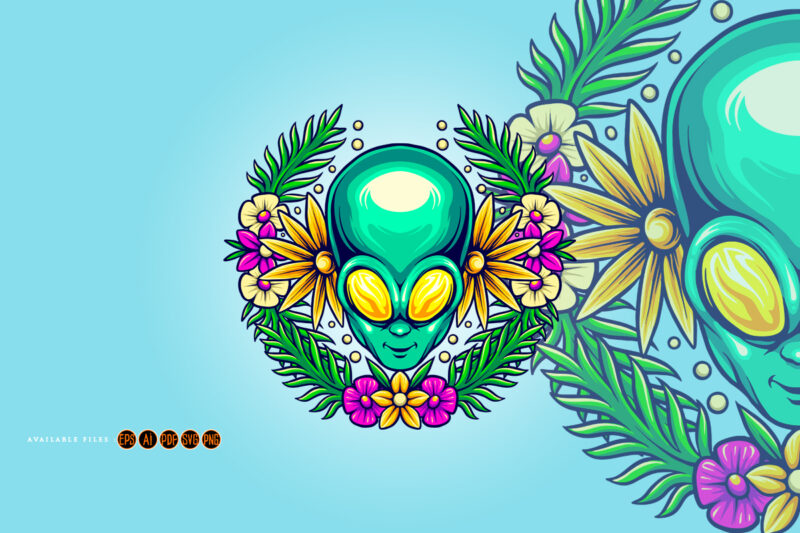 Botanical summer floral alien head illustrations