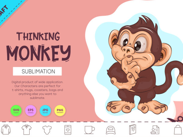 Cartoon thinking monkey. crafting, sublimation. t shirt vector file