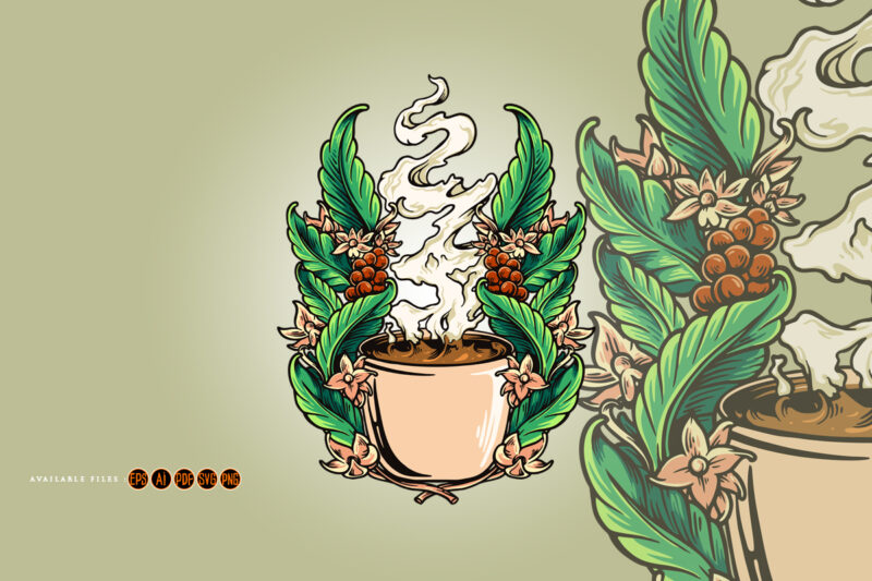 Coffee beans plant with cups illustrations