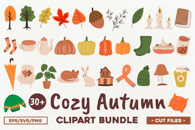 Cozy Autumn Clipart Bundle, Cute Fall Clipart Bundle