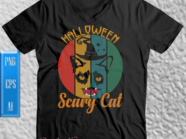 Halloween scary cat t shirt design, scary cat face because of vampire’s mouth and joker’s eyes, scary cat vector, cat vector, cat png, cat scary vector, halloween night, ghost, halloween