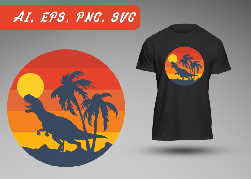 Dinosaur Sunset Dino Sunset Retro Vintage T-rex Ready to Print T-shirt Design