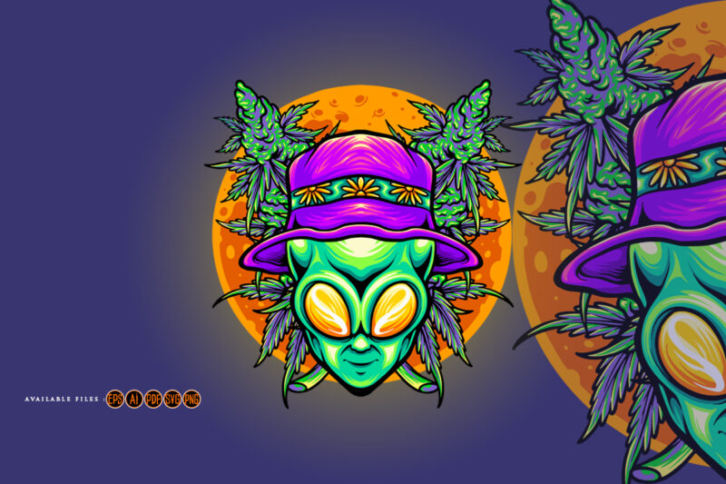Funky Alien head with cannabis leaf illustrations