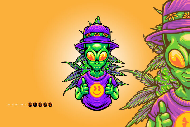 Funky alien smile emoticons with weed leaf illustrations