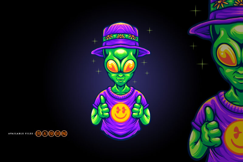 Funky alien with smile emoji illustrations