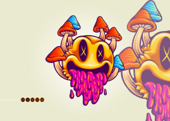 Funny psychedelic mushrooms emoticons colorful illustrations